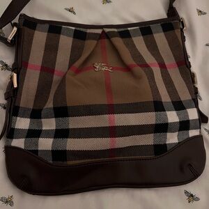 Burberry Beige and Red Check Shoulder Bag with Gold Equestrian Motif